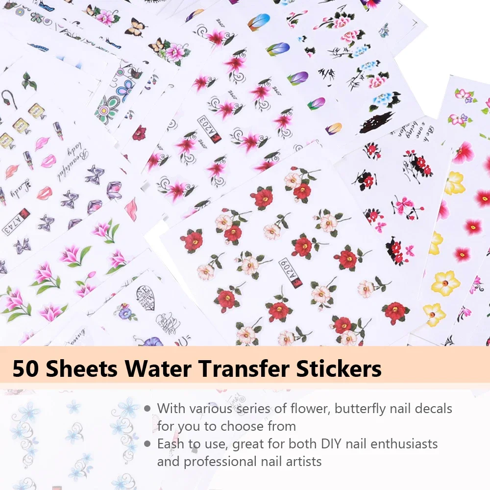 Waterslide Decal Paper - 50 Stück Nagelaufkleber mit gemischten Designs,